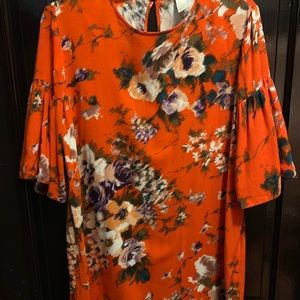 H&M Orange Floral Ruffled Sleeve Midi Dress
